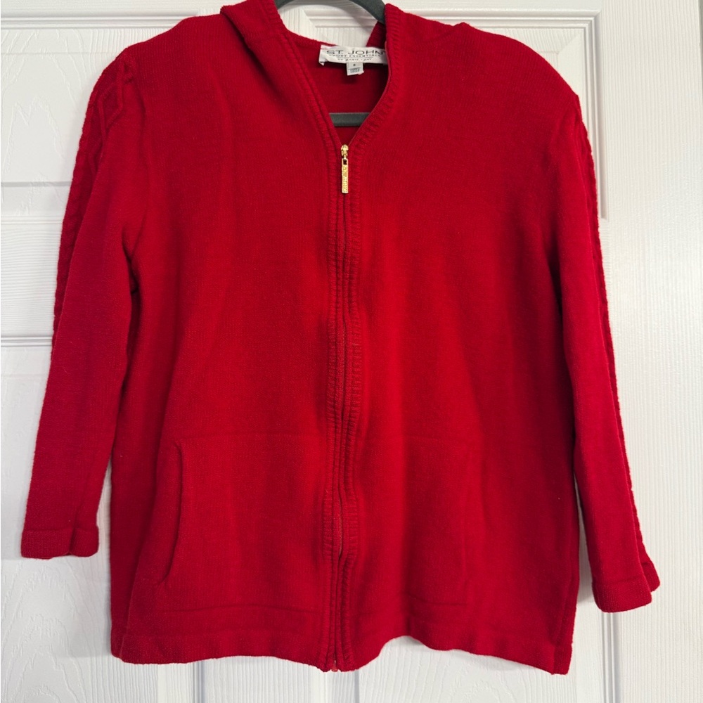 St. John Collection Wool Rayon Blend Red Full Zip-Up Hoodie Jacket Sz S Pockets‎